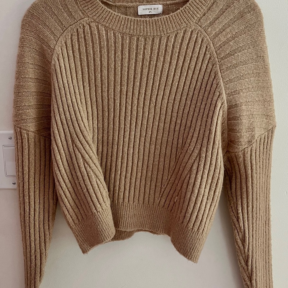 Sophie Rue Tan Crew Neck Sweater with Ribbed Design